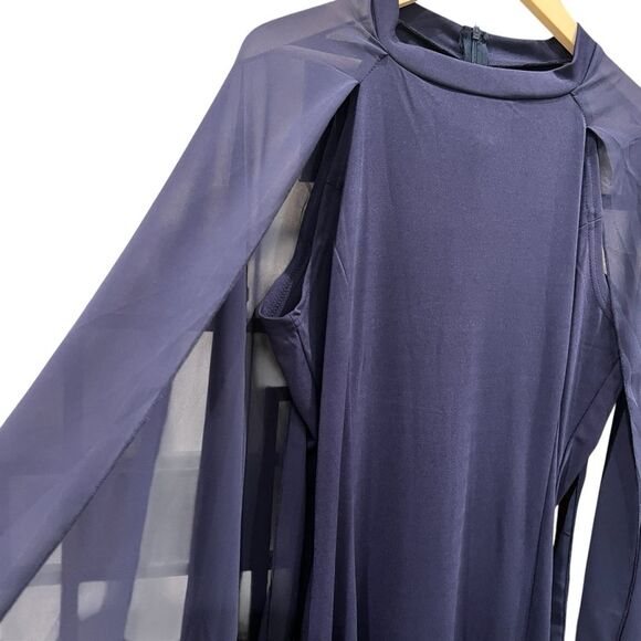 Evening Gown Chiffon Cape Sleeve Maxi Dress Slit Dark Blue Size Large NWOT - Picture 9 of 14